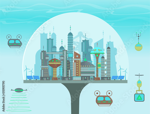 Futuristic eco city under the dome in flat cartoon style. Panorama of a modern city with modern buildings, futuristic traffic, park with fountain, solar, panels windmills. Vector illustration.