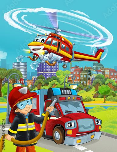 cartoon scene with fire brigade car vehicle on the road and fireman worker - illustration for children © honeyflavour