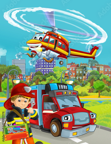 cartoon scene with fire brigade car vehicle on the road and fireman worker - illustration for children