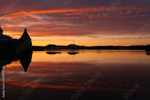 Solovki. Monastery landscape lake sunset