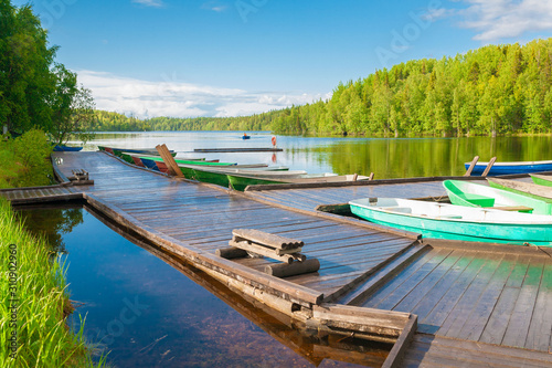 Solovki. landscape lake day, wooden boat