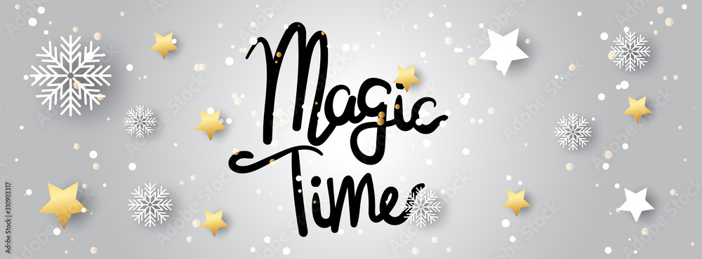 Fototapeta premium Cartoon illustration with text for holiday theme, winter background with trees and snow. Banner for Merry Christmas and Happy New Year.Vector illustration.