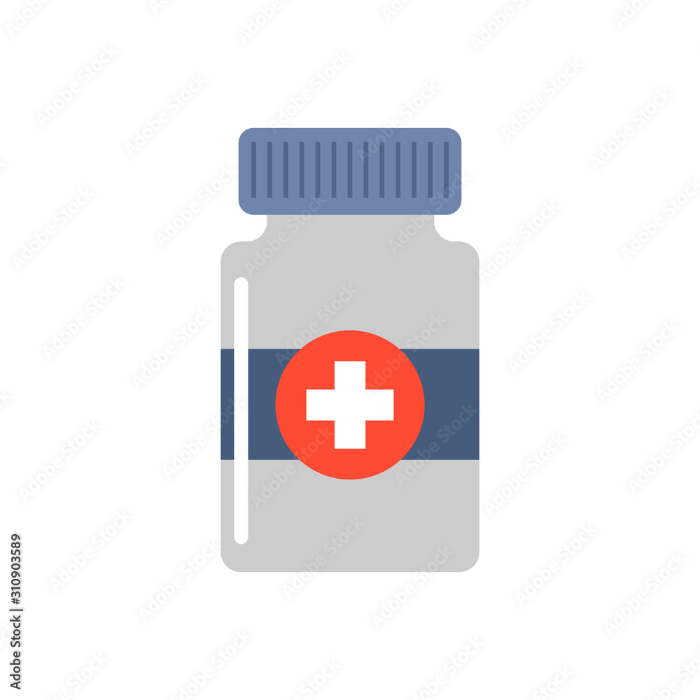 Obraz premium First medical aid symbol in the form of a jar with cross on it and with two pills in black and white colors. First medical aid Jar with two pills black color vector eps10. Medical bottle icon.
