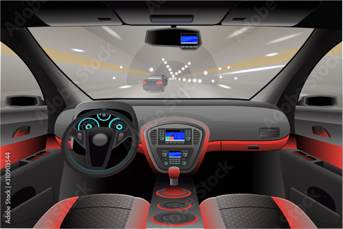 Car interior, cockpit view inside. Vector illustration.
