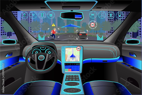 Car modern interior, cockpit view inside. Vector illustration. Artificial Intelligence.