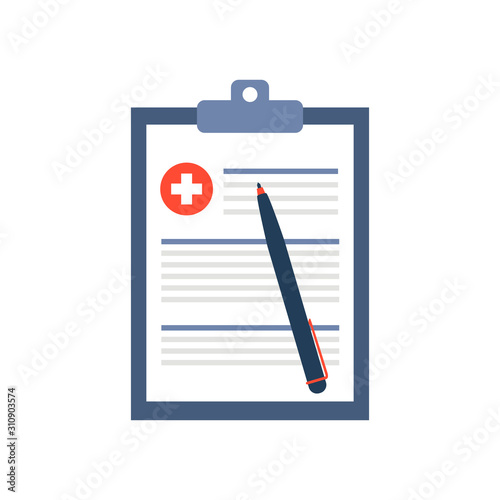 Medical form, medical report. Clipboard with cross, pen and checkmarks. Informed consent, prescription, claim form, health insurance, clinical record concepts. Modern flat design. Vector illustration