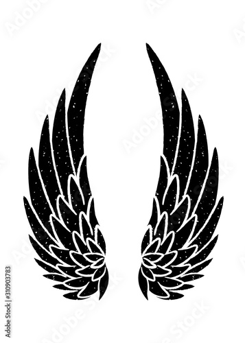 Hand drawn bird or angel grunge textured flapping wings. Hand drawn wings silhouette for t-shirt prints, tatoo design, vintage styled poster.