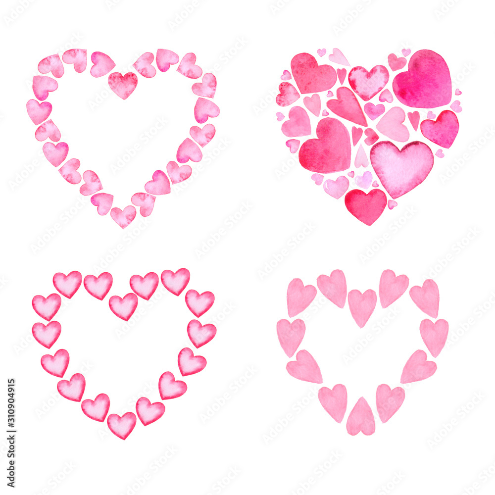 Set of four heart-shaped frames made of watercolor hearts on a white background. Isolated items. Templates for Valentine's day, wedding or invitation.