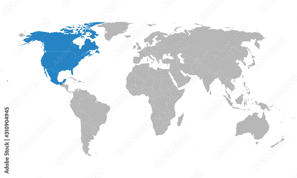 US canada mexico trade map highlighted blue on world map. Light gray background Perfect for backgrounds, business concepts, backdrop, banner, chart, sticker, label etc.