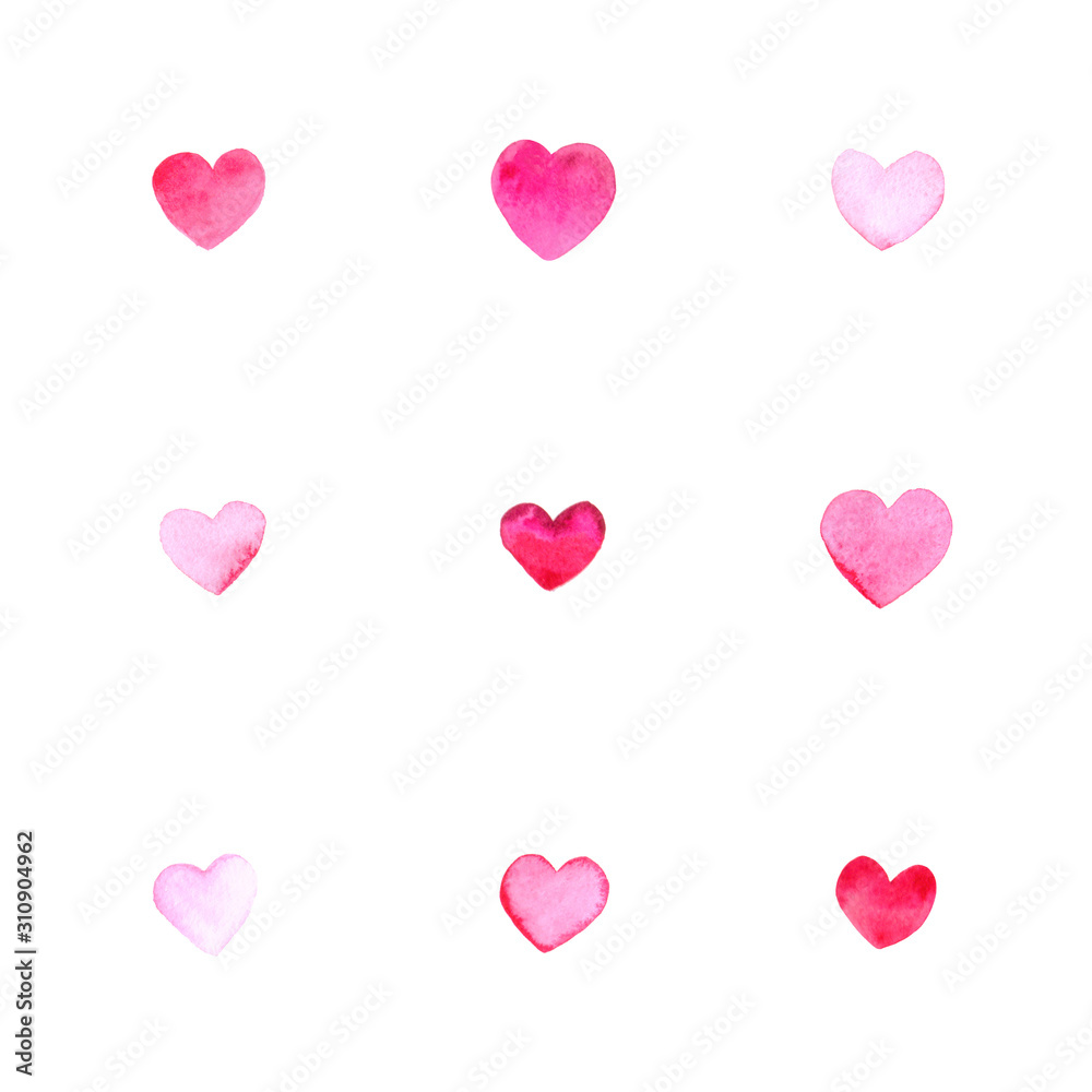 Set of 9 watercolor isolated pink hearts on a white background. Template for greeting card, invitation, wedding, greeting card. Set of 9 watercolor isolated pink hearts on a white background. Template for greeting card, invitation, wedding, greeting card.