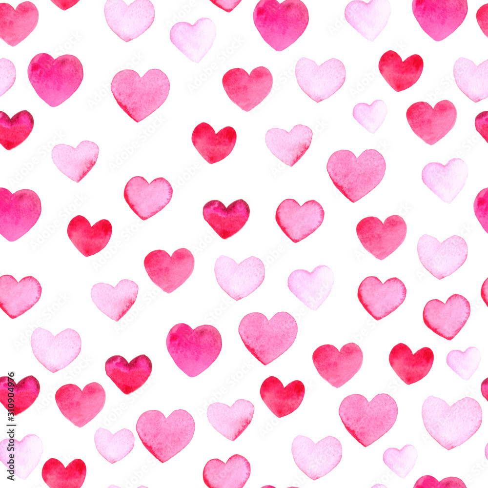 Seamless pattern with watercolor pink hearts on a white background..Background for wedding, valentines day and lovers, greeting card, invitation.