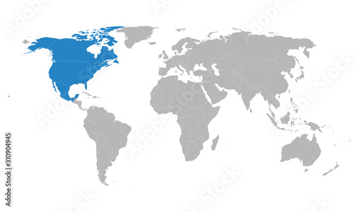 US canada mexico trade map highlighted blue on world map. Light gray background Perfect for backgrounds  business concepts  backdrop  banner  chart  sticker  label etc.