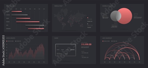 Elements of infographics on a black background. Use in presentation templates, mobile app and corporate report. Dashboard UI and UX Kit with data visualization.