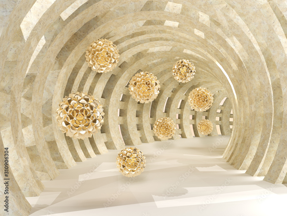 Fototapeta Tunel ze złotymi latającym kulami 3D