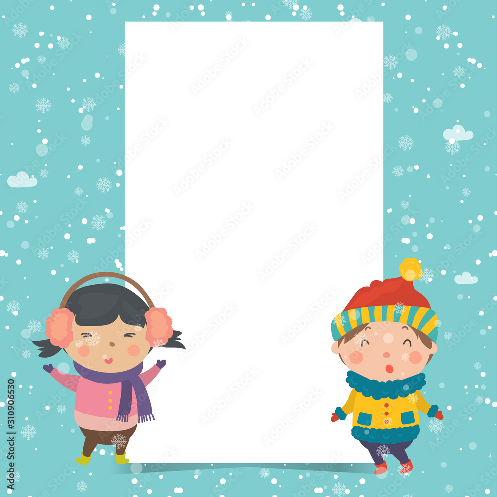 Fototapeta premium Cartoon illustration for holiday theme with happy children on winter background with trees and snow. Greeting card for Merry Christmas and Happy New Year.Vector illustration.