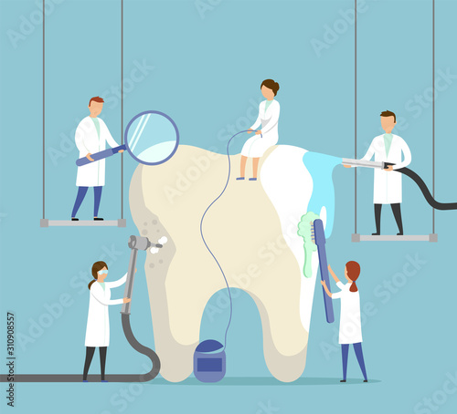 Medical concept. Group of small dentists are caring for a large tooth. Modern digital illustration with smooth shapes. Big tooth on the abstract background