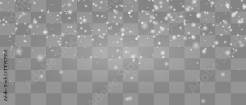 Snow falling on transparent. Realistic snowfall overlay background. 21x9 Stock vector illustration	
