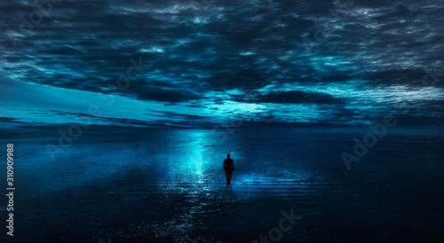 Empty futuristic landscape, background, night view, cold frozen water, ice. © MiaStendal