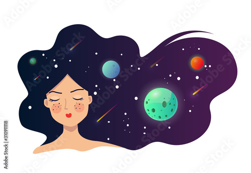 Vector illustration of a sleeping girl with developing hair. Hair symbolizes the universe and planets with zedas and comets. Use as a symbol of the unconscious, cosmos within us.