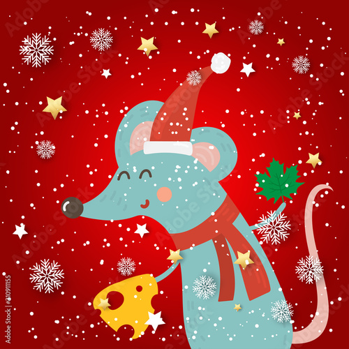 Cartoon illustration for holiday theme with happy rat symbol of the year 2020  on winter background with trees and snow. Greeting card for Merry Christmas and Happy New Year.Vector illustration.