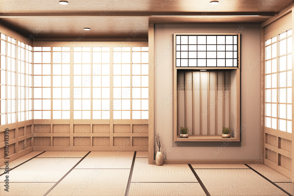 shelf wall on Living room japanese deisgn with tatami mat floor. 3D rendering shelf wall on Living room japanese deisgn with tatami mat floor. 3D rendering
