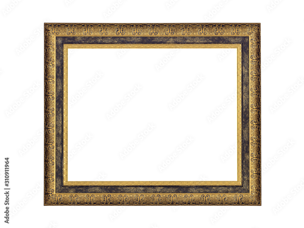 Wooden frame for paintings with gold patina. Isolated on white Wooden frame for paintings with gold patina. Isolated on white