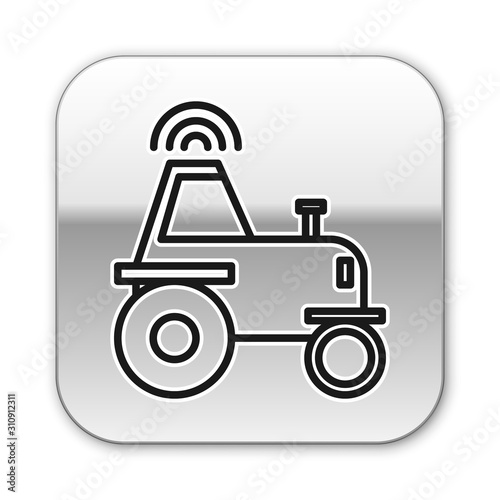 Black line Self driving wireless tractor on a smart farm icon isolated on white background. Smart agriculture implement element. Silver square button. Vector Illustration