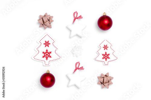 New Year and Christmas square composition on white background. Top view, flat lay, copy space