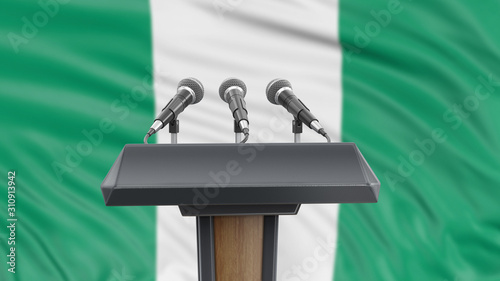 Bild auf Leinwand Podium lectern with microphones and Nigerian flag in background