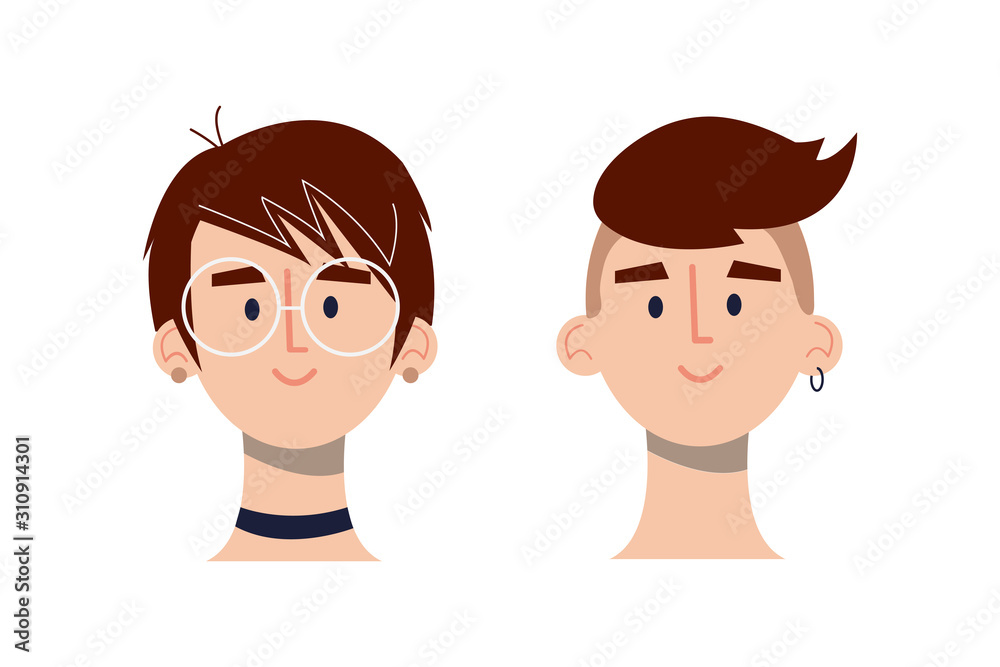 brown haired girls and boys avatars head icons in flat style brown haired girls and boys avatars head icons in flat style