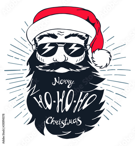 Illustration with a bearded man with a santa hat and lettering "Merry HO-HO-HO Christmas". Christmas typography with a drawing isolated on white background.