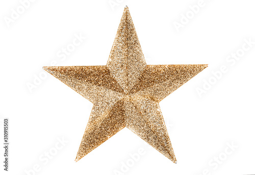 Bronze gold christmas star isolated on white background. Decoration for the xmas tree. The top for the Christmas tree.