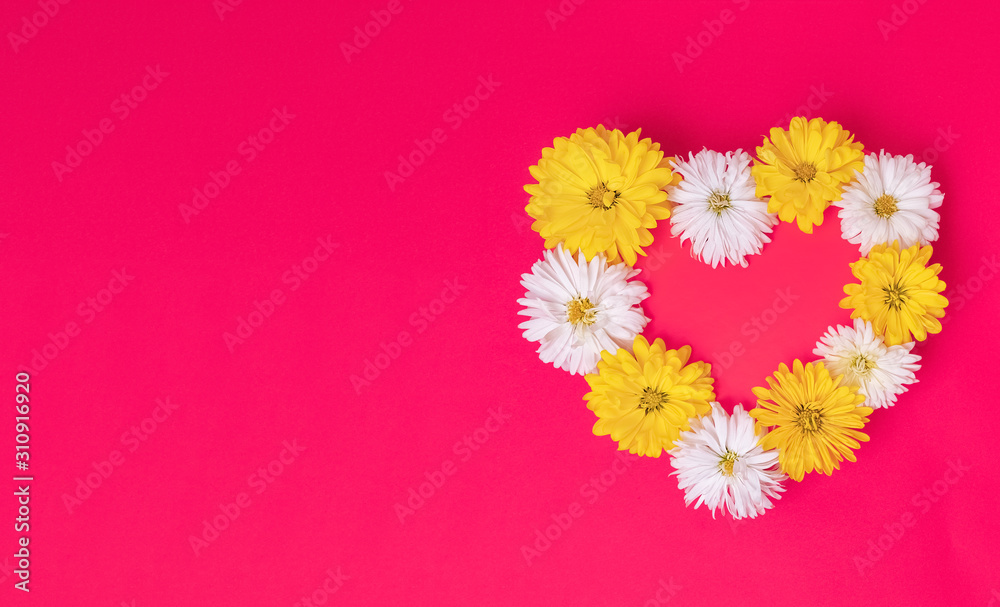 Valentines Day heart made of beatiful flowers isolated on pink background. View from above. Template designe of postcard.