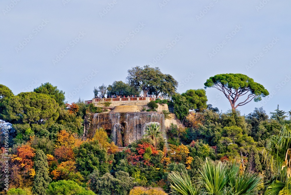 View of the Castle hill and waterfall of Nice, France, in a clear winter morning