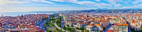 Colorful aerial panoramic view over the old town of Nice, France, with the famous Massena square and the Promenade du Paillon, from the roof of Saint Francis tower © Marco