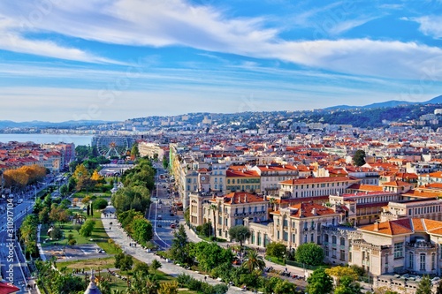 Colorful aerial panoramic view over the old town of Nice, France, with the famous Massena square and the Promenade du Paillon, from the roof of Saint Francis tower
