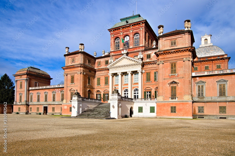 Racconigi, Italy - December 02, 2019: The Royal Castle of Racconigi is an ancient palace that was the official residence of the Carignano line of the House of Savoy