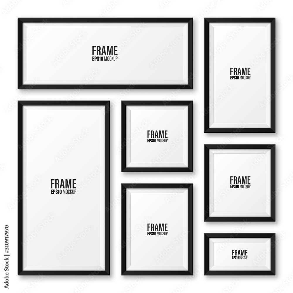 Realistic blank black picture frame with shadow collection isolated on white background. Modern poster mockup. Empty photo frame for art gallery or interior. Vector illustration. Realistic blank black picture frame with shadow collection isolated on white background. Modern poster mockup. Empty photo frame for art gallery or interior. Vector illustration.