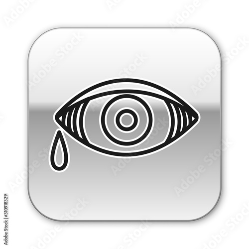 Black line Reddish eye due to viral, bacterial or allergic conjunctivitis icon isolated on white background. Silver square button. Vector Illustration