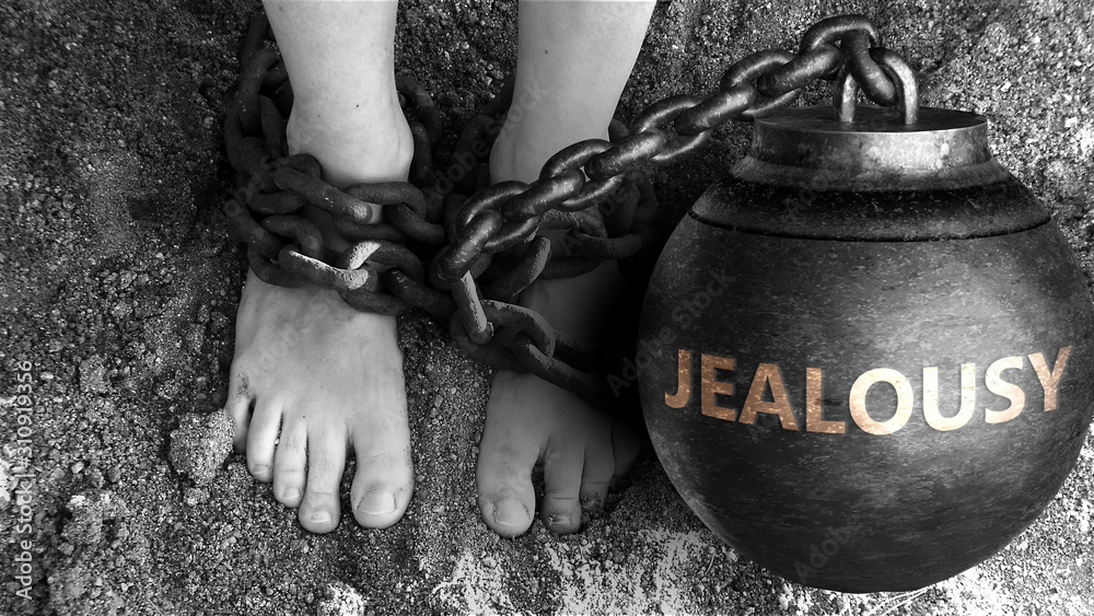 Jealousy as a negative aspect of life - symbolized by word Jealousy and and chains to show burden and bad influence of Jealousy, 3d illustration