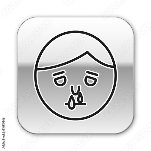 Black line Runny nose icon isolated on white background. Rhinitis symptoms, treatment. Nose and sneezing. Nasal diseases. Silver square button. Vector Illustration