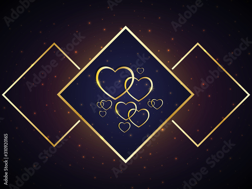 Creative Valentine's day background card. Golden hearts and geometric shapes on a galactic dark bokeh gradient with lights and shimmering highlights.