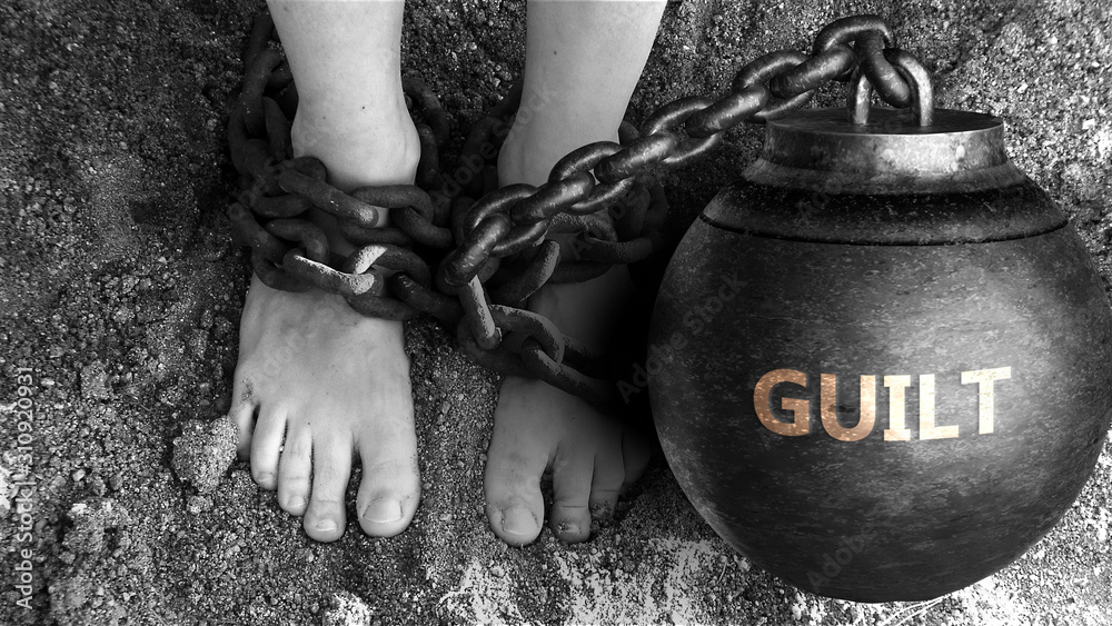Guilt as a negative aspect of life - symbolized by word Guilt and and chains to show burden and bad influence of Guilt, 3d illustration - obrazy, fototapety, plakaty 