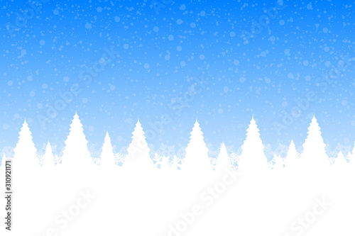 Christmas snow forest with Christmas trees and snowflakes