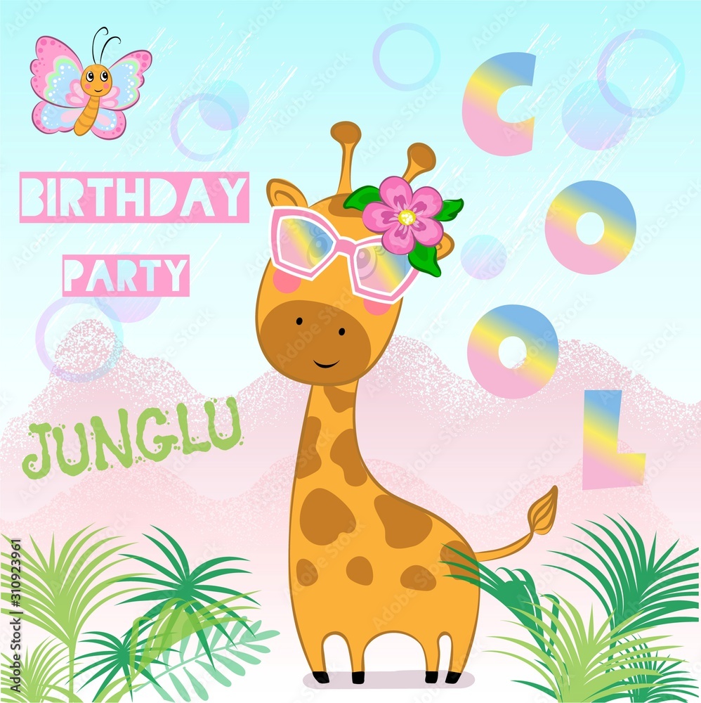 Fototapeta premium Cute giraffe in glasses and the butterfly.Children's print on clothes, greeting card, party invitation. Hand drawn vector illustration.