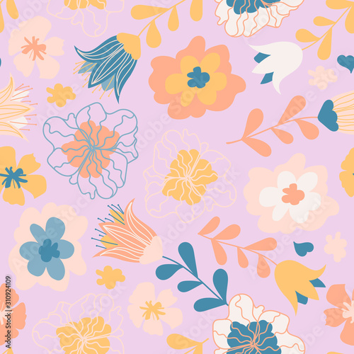Seamless floral pattern with cute flowers. Fabric design with simple flowers. Vector floral pattern for baby fabric, wallpaper, cover and more