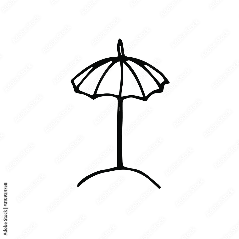 Umbrella on the beach monochrome icon hand drawn graphic ink art design element object isolated for web, for print Umbrella on the beach monochrome icon hand drawn graphic ink art design element object isolated for web, for print