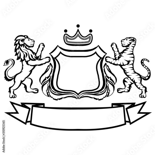 Illustration with coat of arms with lion and tiger.Tattoo design element. Heraldry and logo concept art.