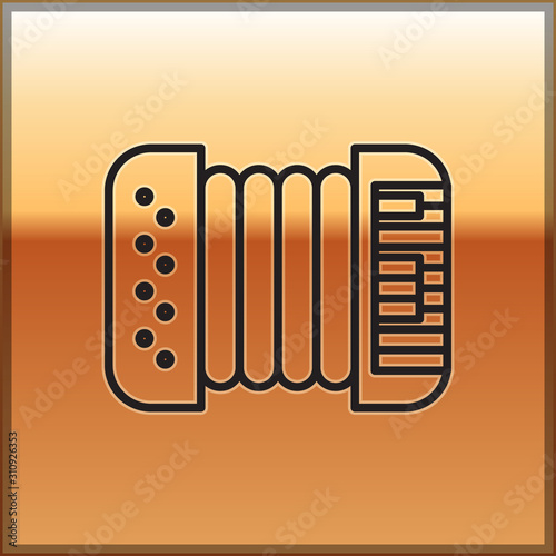 Black line Musical instrument accordion icon isolated on gold background. Classical bayan, harmonic. Vector Illustration