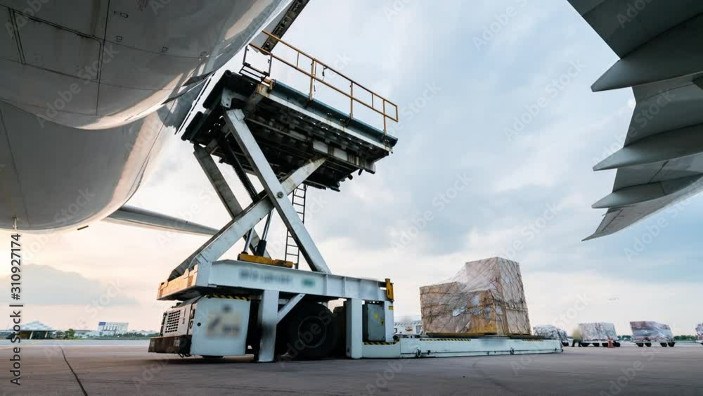 Loading cargo plane outside air freight logistic	